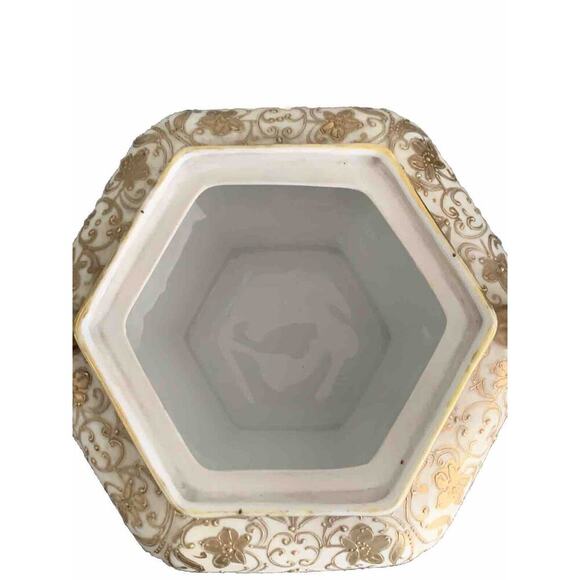 Vintage Nippon Gold Gilded Moriage Porcelain Hexagon Sugar Bowl Hand Painted Lid - Picture 14 of 14
